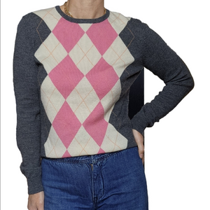Knit Sweater Pullover Argyle pattern 100% Merino wool Grey Pink Ivory TH